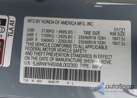 2021 Honda Cr-V 2Wd Ex from USA, damaged, VIN 5J6RW1H5XML002350